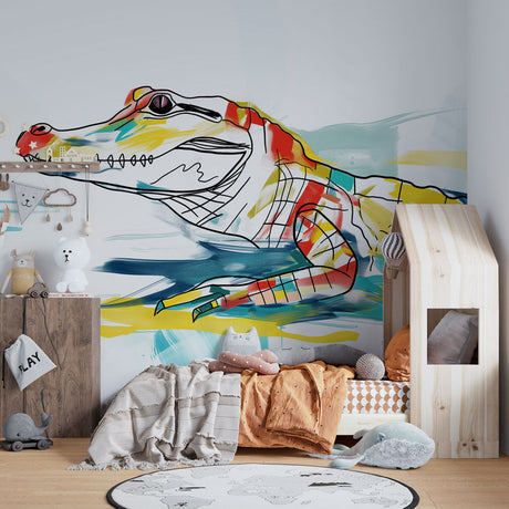Modern Watercolor Crocodile Wallpaper creating a bold statement in a minimalist living room with artistic flair