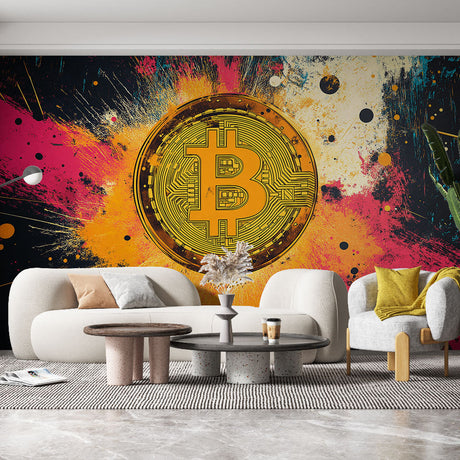 Bitcoin wallpaper mural in modern home office with black desk and ambient lighting, creating a professional crypto-themed workspace