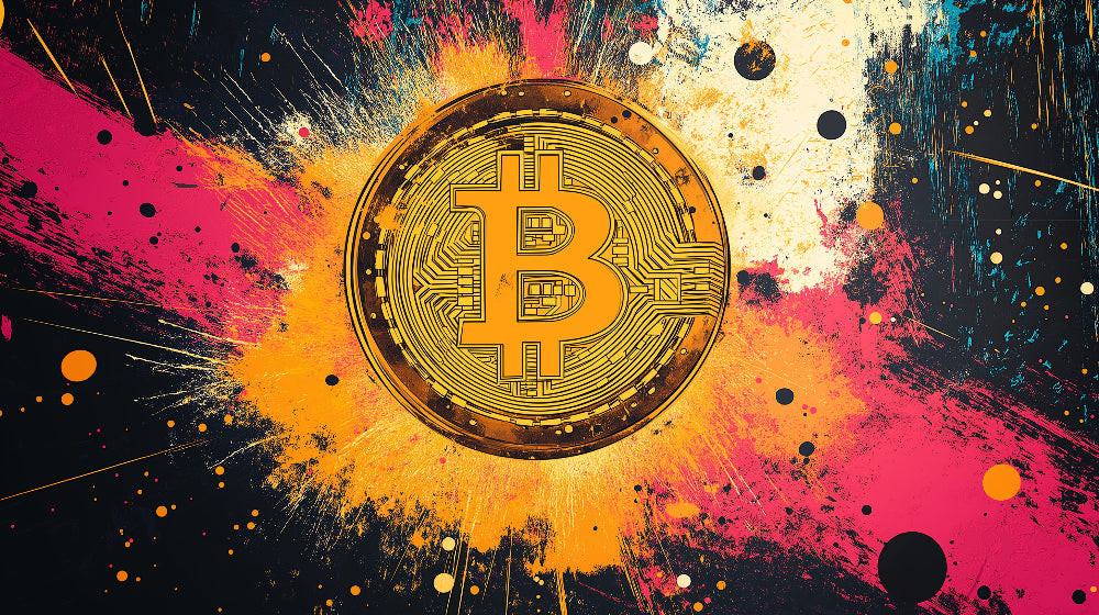 Bitcoin explosion art design file showing detailed cryptocurrency pattern with golden tones and paint splashes