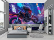 Cyberpunk wallpaper in modern gaming room showing neon city motocross design