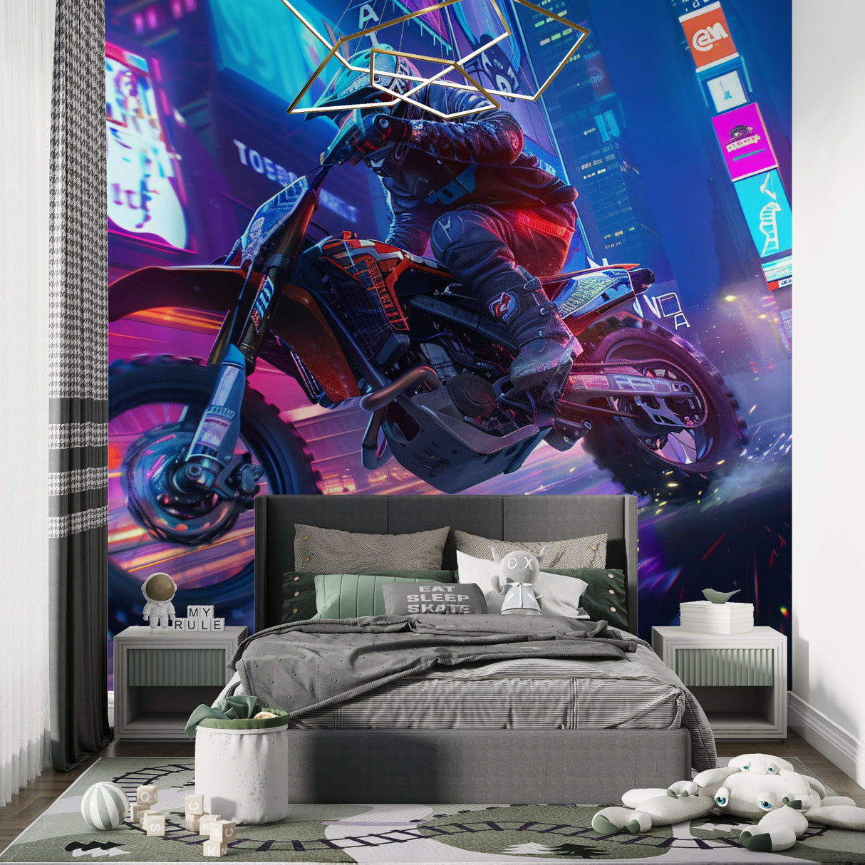 Neon city wallpaper styling in modern apartment game room