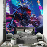 Neon city wallpaper styling in modern apartment game room