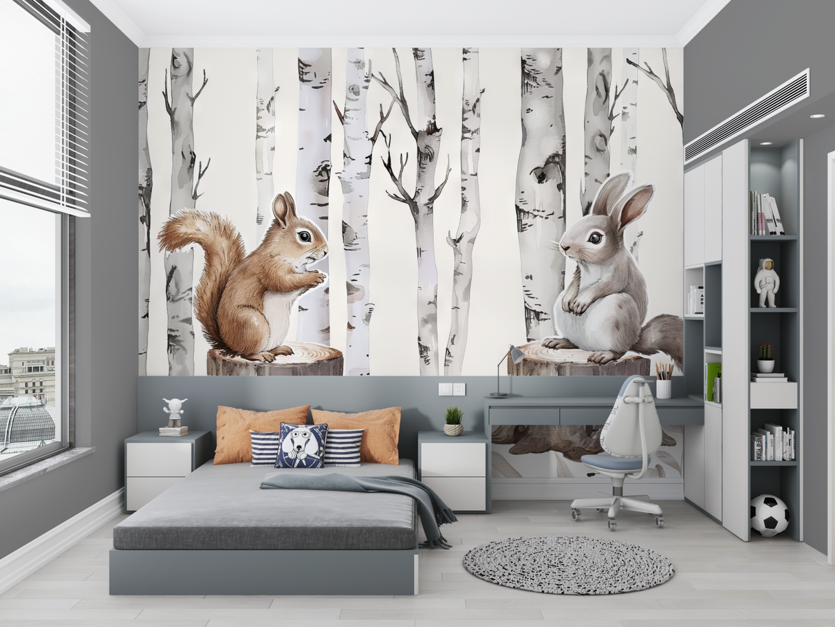 Forest Animals Mural Wallpaper | Bunny and Squirrel with Birch Trees
