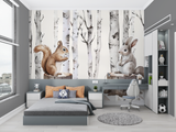 Forest Animals Mural Wallpaper | Bunny and Squirrel with Birch Trees