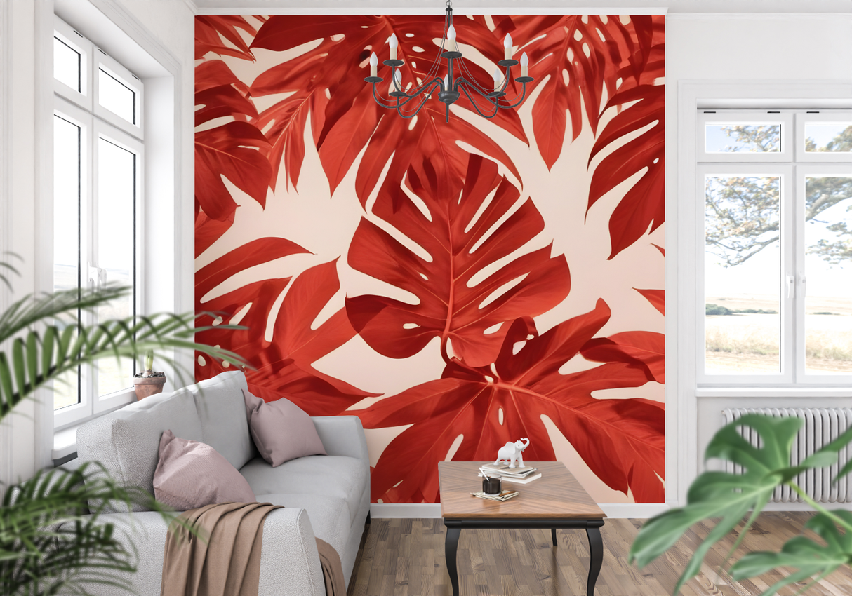 Monstera Mural Wallpaper | Terracotta Tropical Leaves