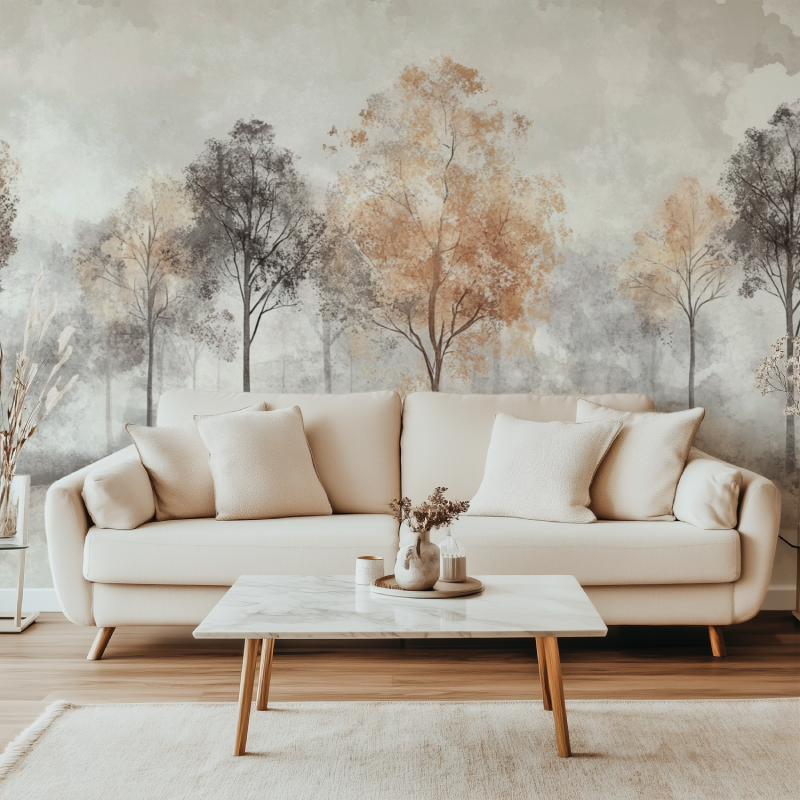 Forest Mural Wallpaper | Misty Trees in Grey and Terracotta