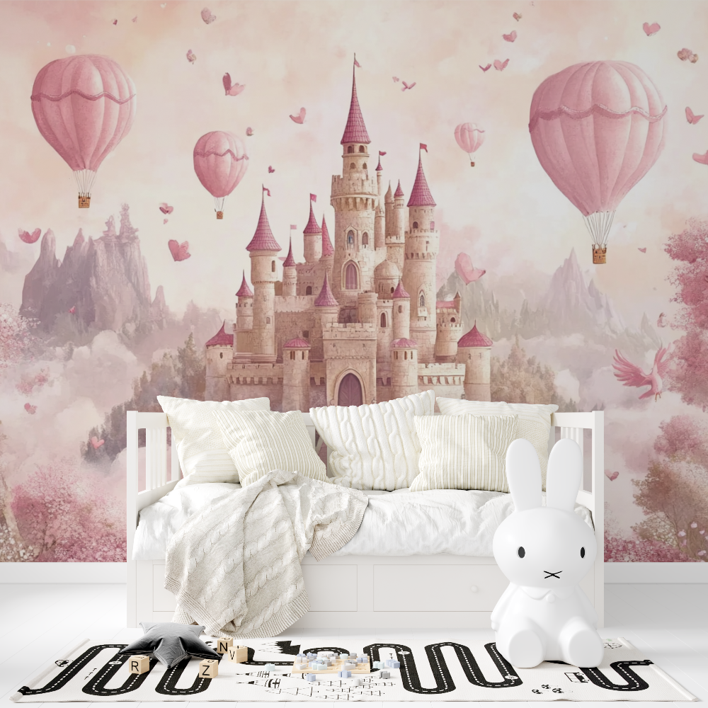 Princess Castle Mural Wallpaper | Pink Fantasy with Hot Air Balloons