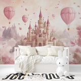 Princess Castle Mural Wallpaper | Pink Fantasy with Hot Air Balloons