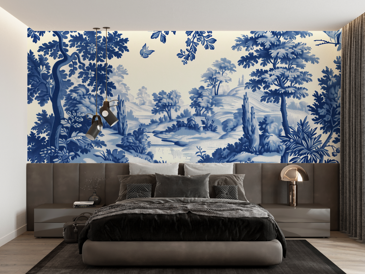 Toile de Jouy Mural Wallpaper | Blue and White Pastoral Scene