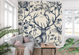 Forest Animals Mural Wallpaper | Deer and Floral Navy Pattern