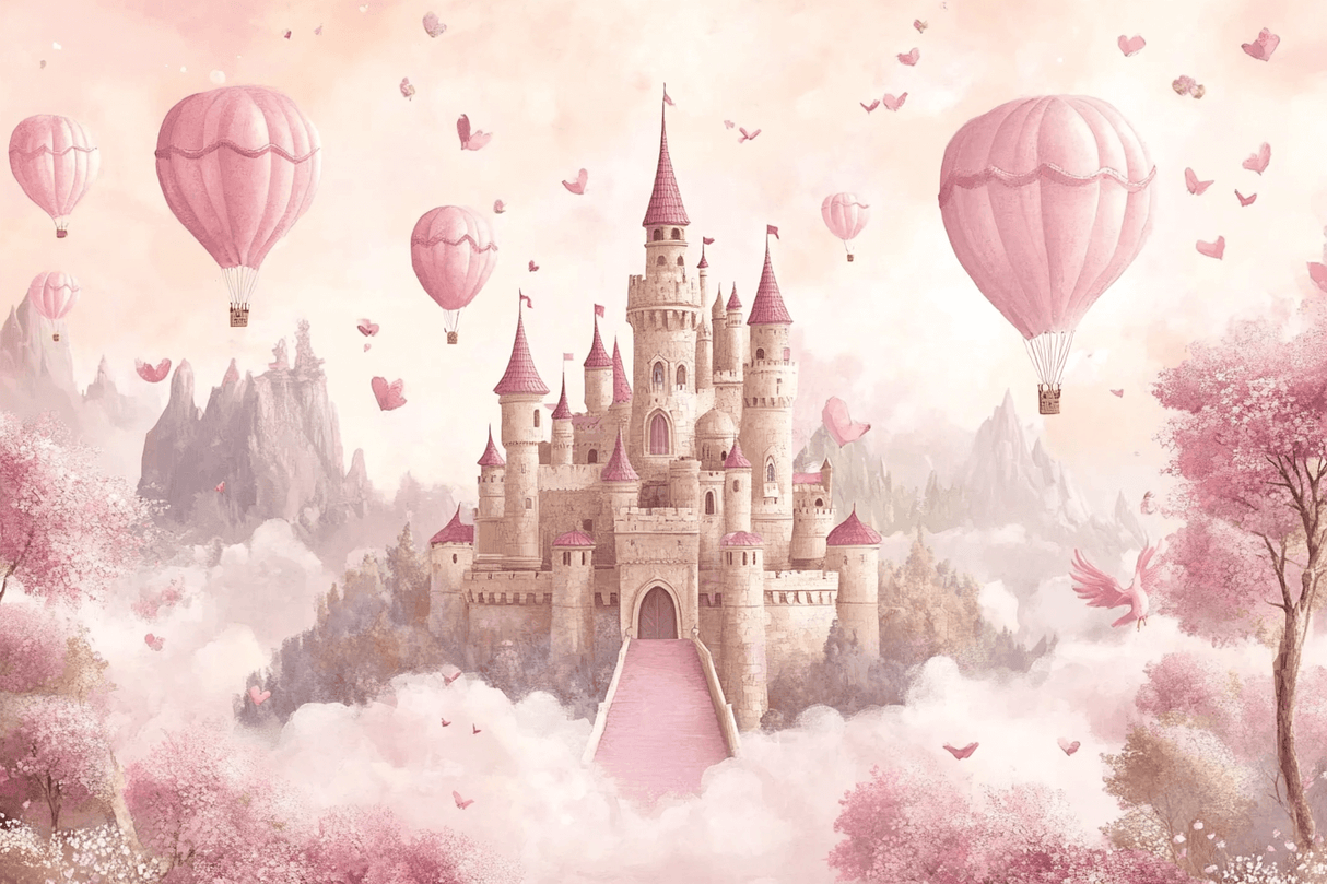 Princess Castle Mural Wallpaper | Pink Fantasy with Hot Air Balloons