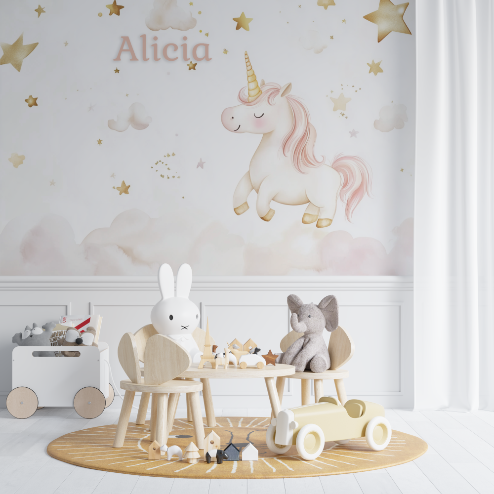 Unicorn Mural Wallpaper | Personalized Pink and Gold Stars Design