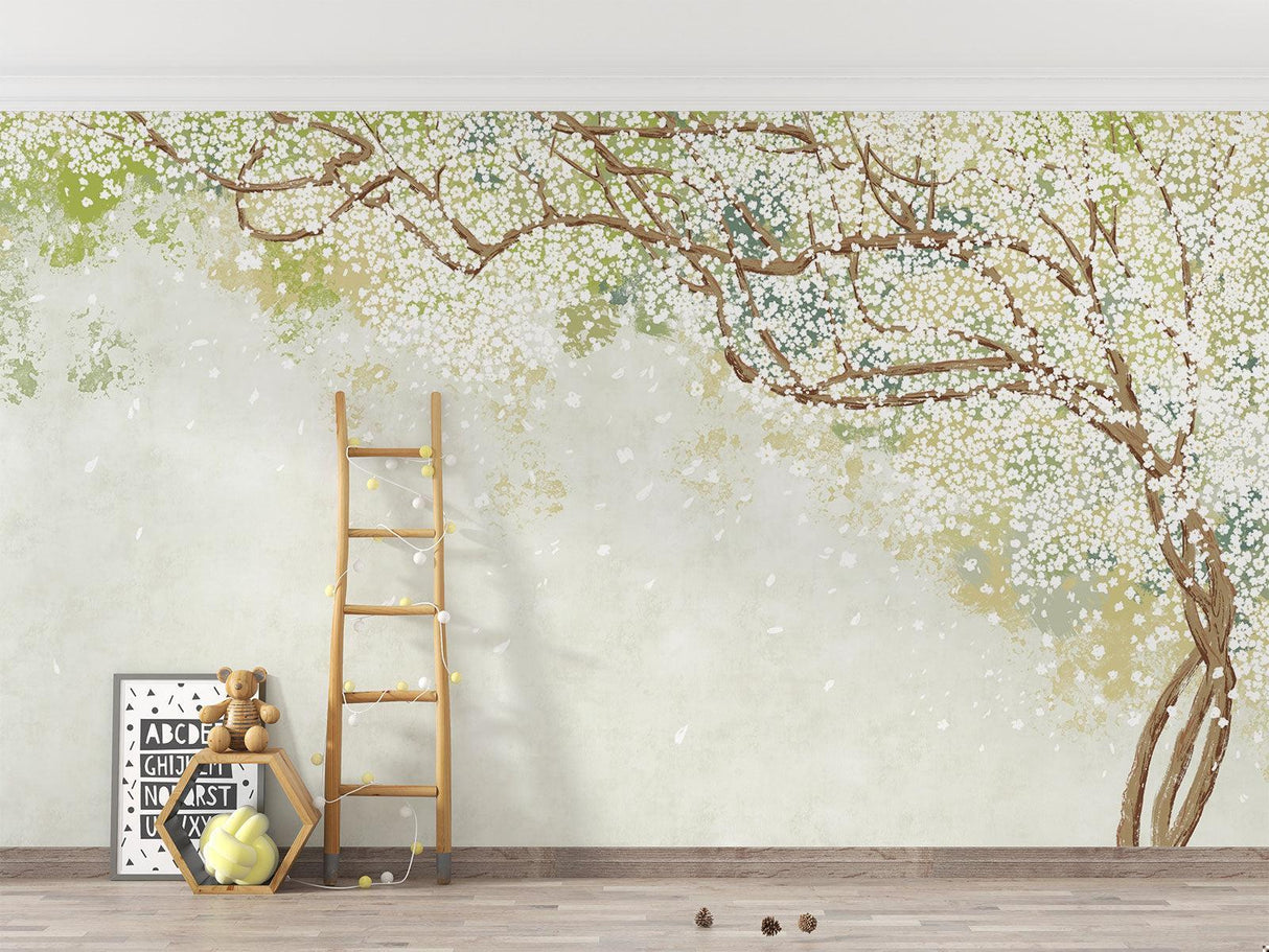Papier Peint Mural Fleurs de Cerisier | Design Aquarelle Blanc Doux