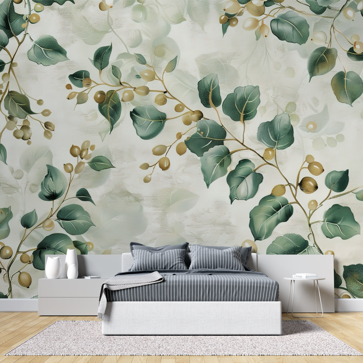 Floral Mural Wallpaper | Elegant Green Leaves with Golden Berries