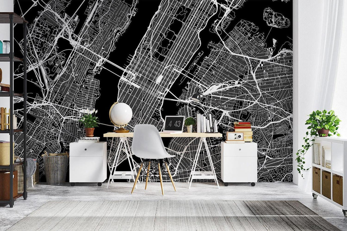 City Map Mural Wallpaper | Modern Black and White Urban Design