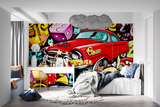 Street Art Mural Wallpaper | Vintage Red Car Graffiti Design