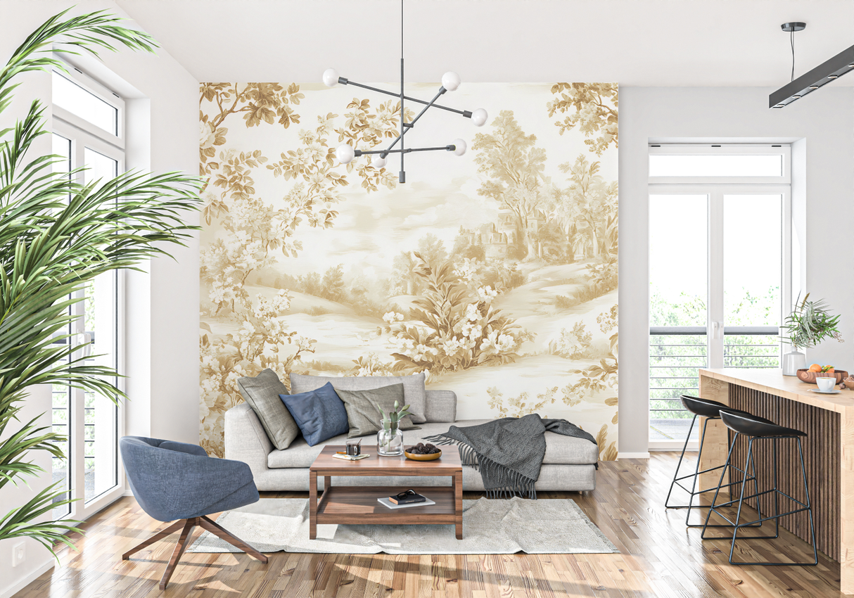 Vintage Mural Wallpaper | Golden Toile de Jouy Landscape