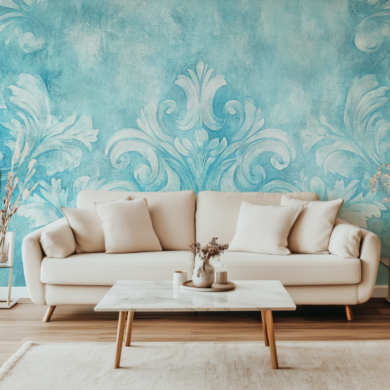 Vintage Floral Mural Wallpaper | Turquoise Art Nouveau Design