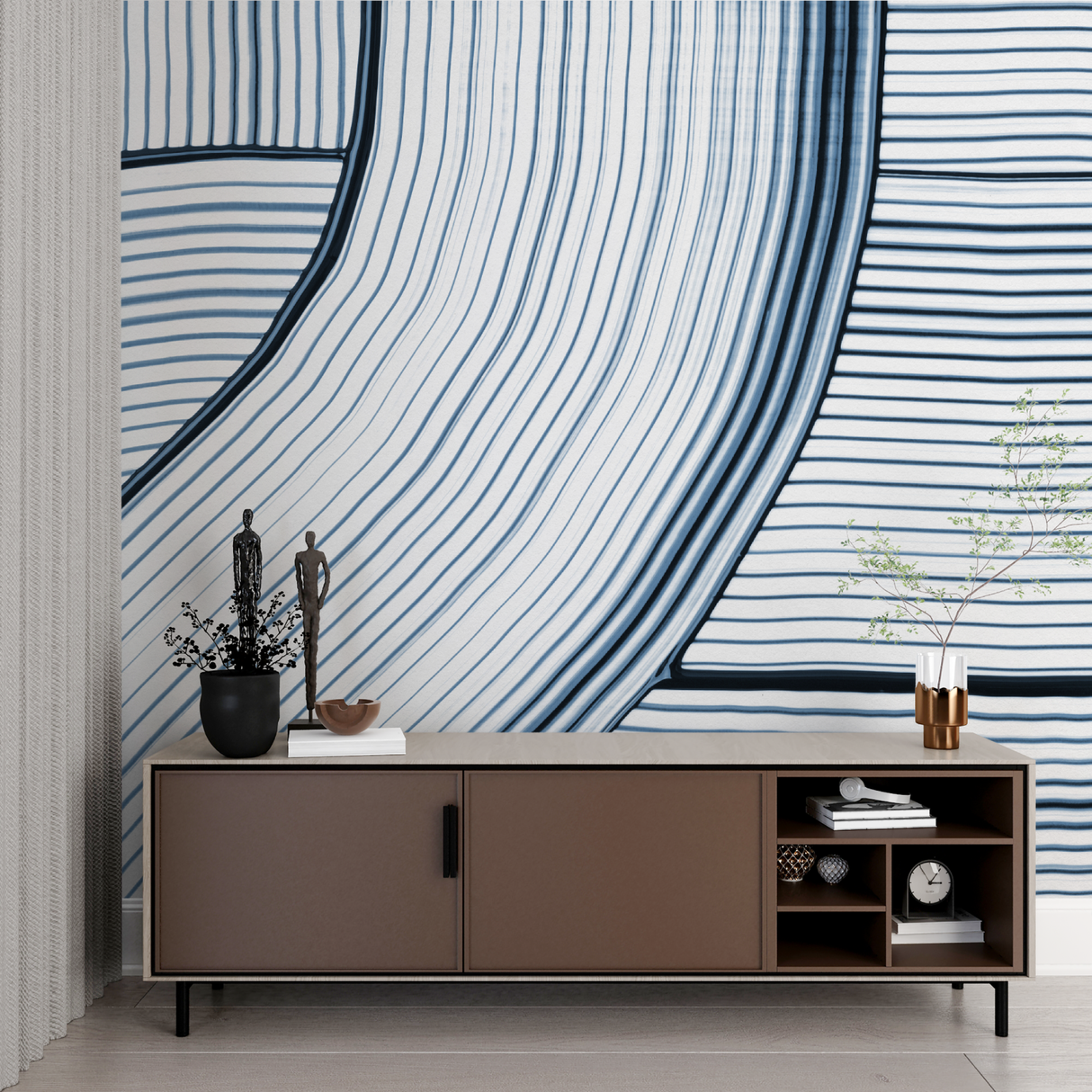 Abstract Mural Wallpaper | Blue Wave Line Pattern