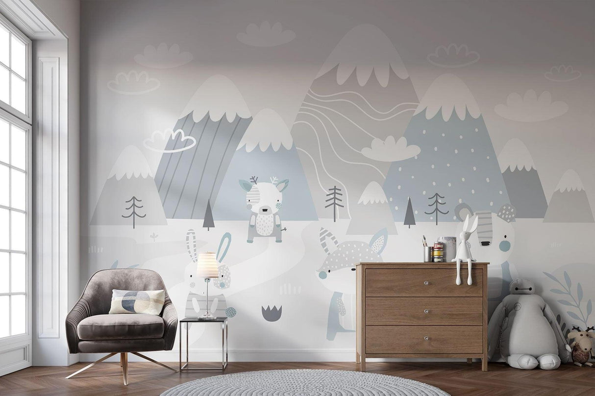 Mountain Mural Wallpaper | Scandinavian Winter Animals Scene
