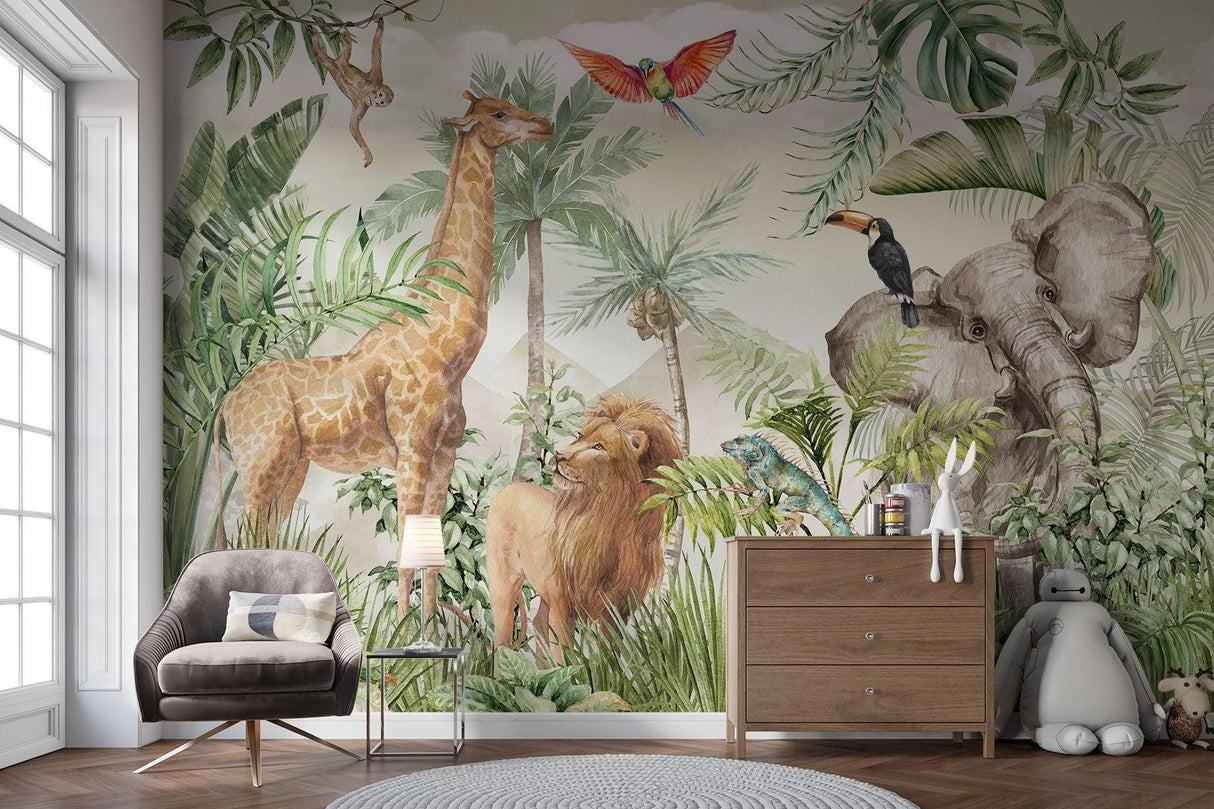 Papier Peint Mural Animaux de la Jungle | Faune Safari avec Feuillage Tropical