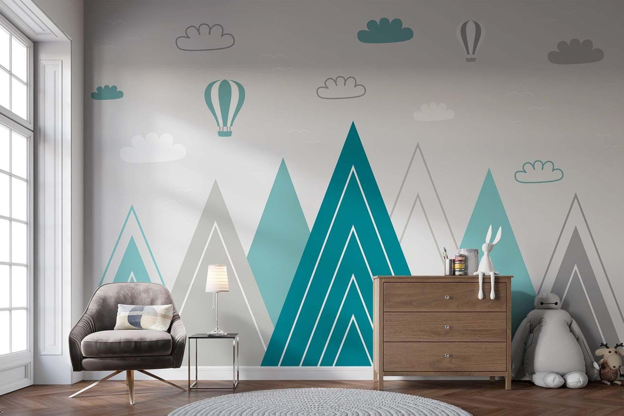 Mountain Mural Wallpaper | Turquoise Peaks with Hot Air Balloons
