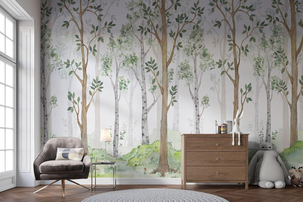 Forest Mural Wallpaper | Watercolor Tree Design With Green Leaves