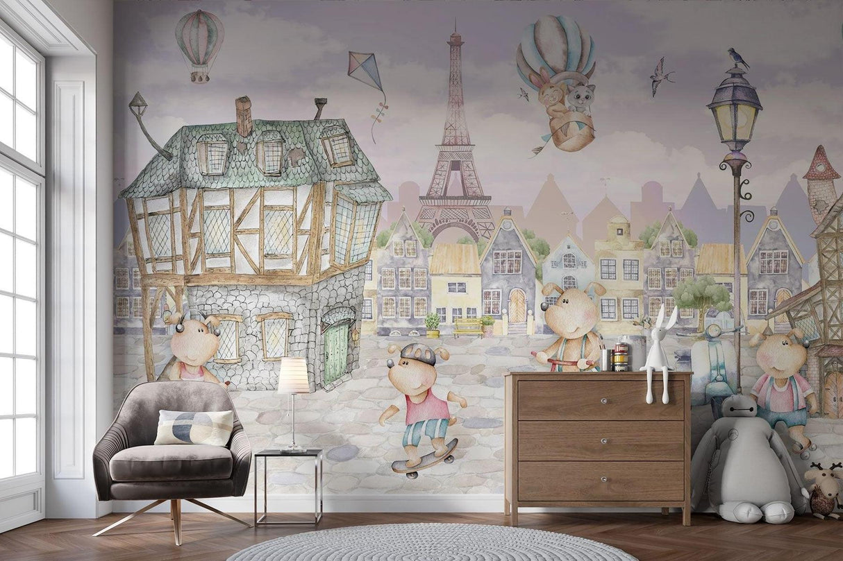 Paris Kinder Tapete | Verspielte Teddybären Abenteuer