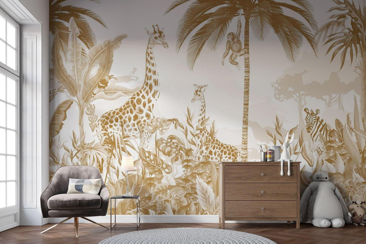 Papier Peint Mural Safari | Design Animaux de la Jungle Dorée