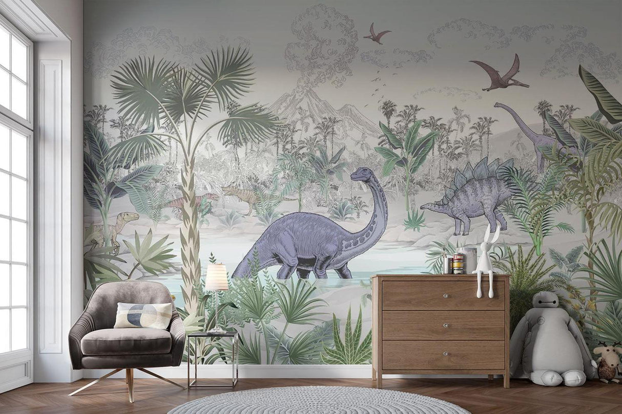 Dinosaur Mural Wallpaper | Prehistoric Jungle Paradise
