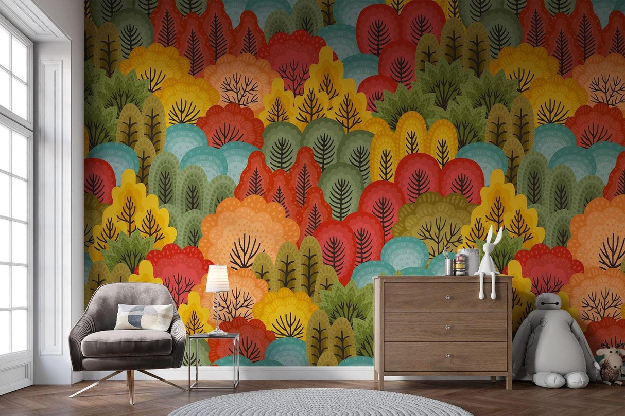 Forest Mural Wallpaper | Colorful Autumn Trees Pattern