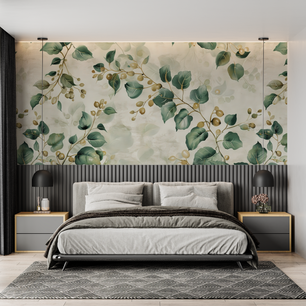 Floral Mural Wallpaper | Elegant Green Leaves with Golden Berries