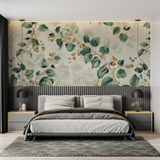 Floral Mural Wallpaper | Elegant Green Leaves with Golden Berries