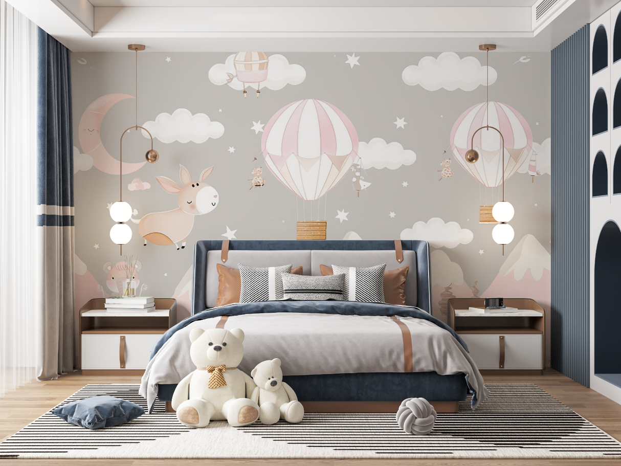 Hot Air Balloon Mural Wallpaper | Pink Nursery Sky Adventure