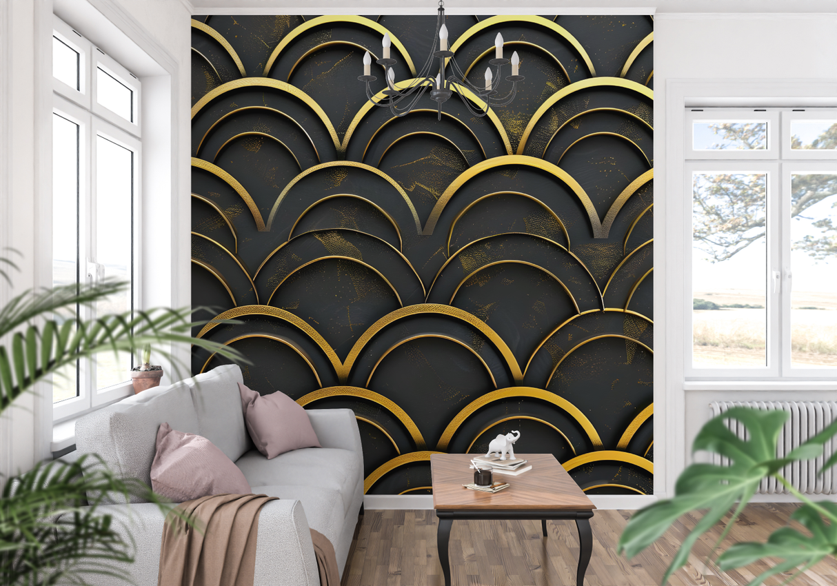 Art Deco Mural Wallpaper | Black and Gold Geometric Arches