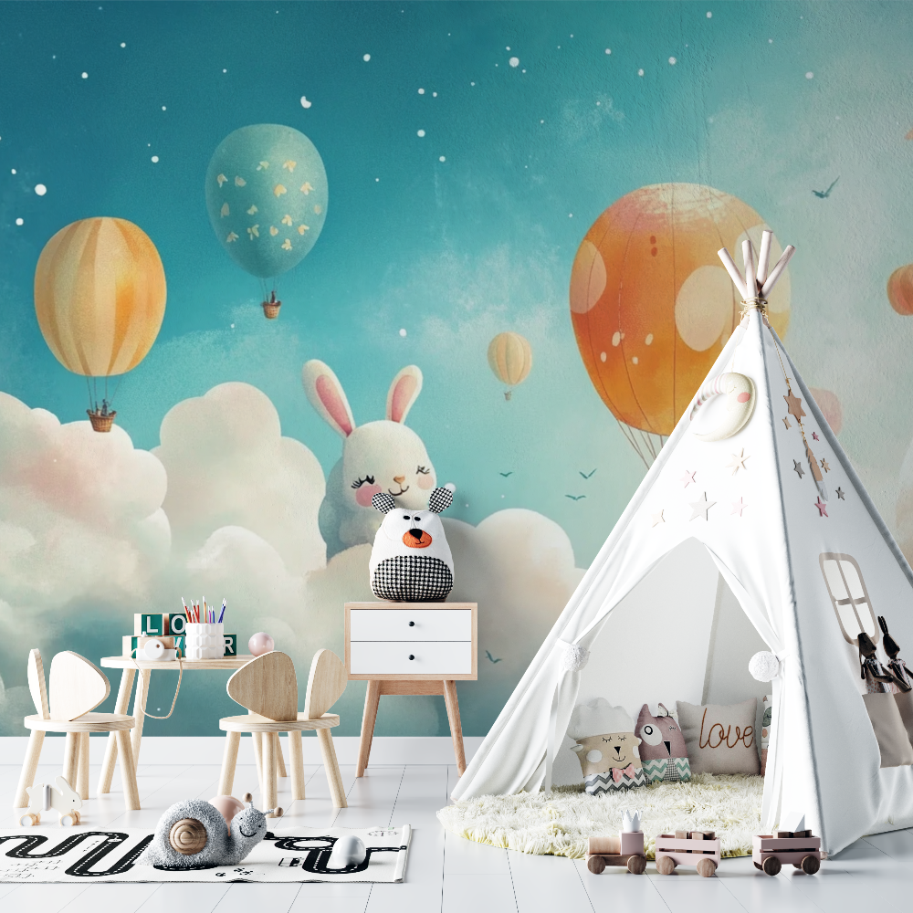 Kids Mural Wallpaper | Hot Air Balloons and Bunny Clouds