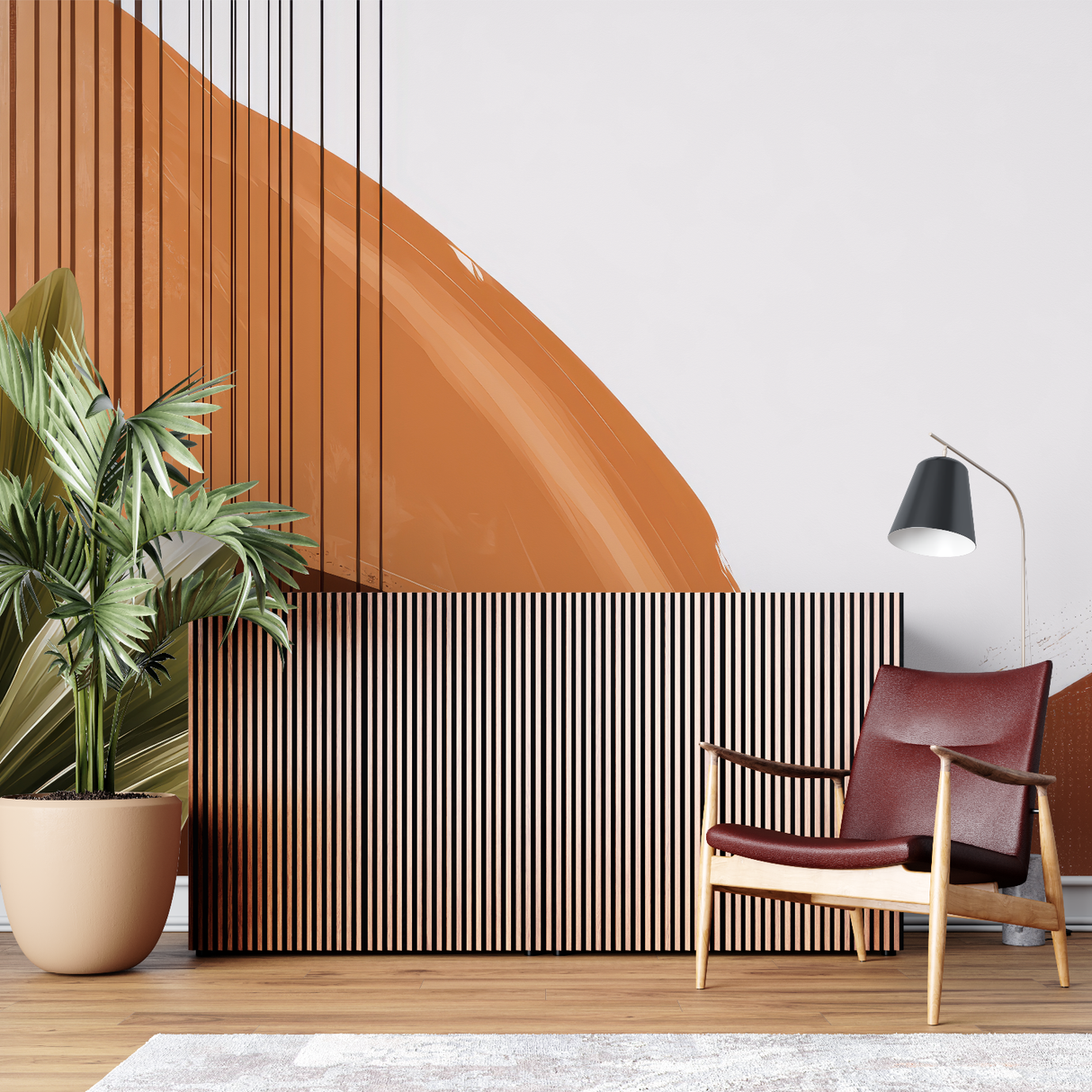 Abstract Mural Wallpaper | Modern Terracotta Curves with Lines