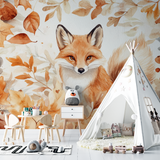 Forest Animals Mural Wallpaper | Autumn Fox with Watercolor Leaves