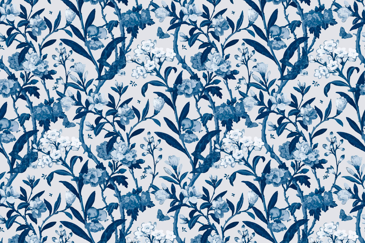 Floral Mural Wallpaper | Blue Toile de Jouy Pattern