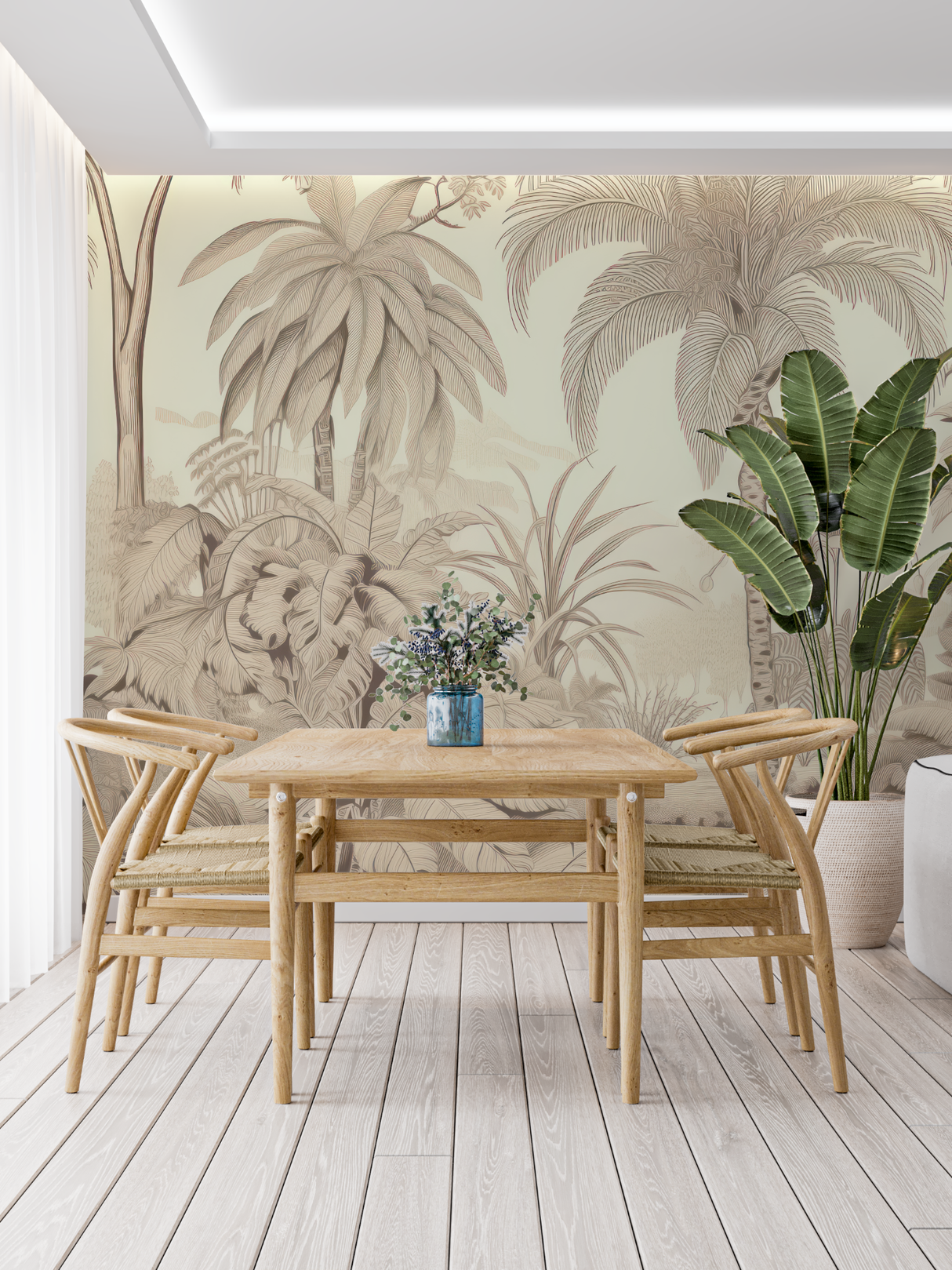 Tropical Mural Wallpaper | Beige Palm Trees and Nature Scene