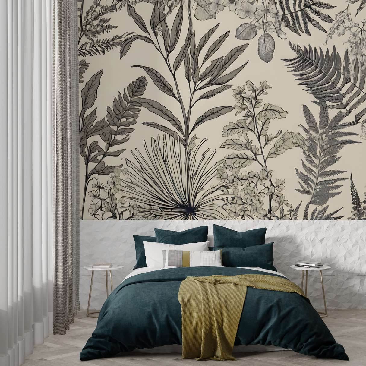 Tropical Foliage Mural Wallpaper | Monochrome Botanical Line Art