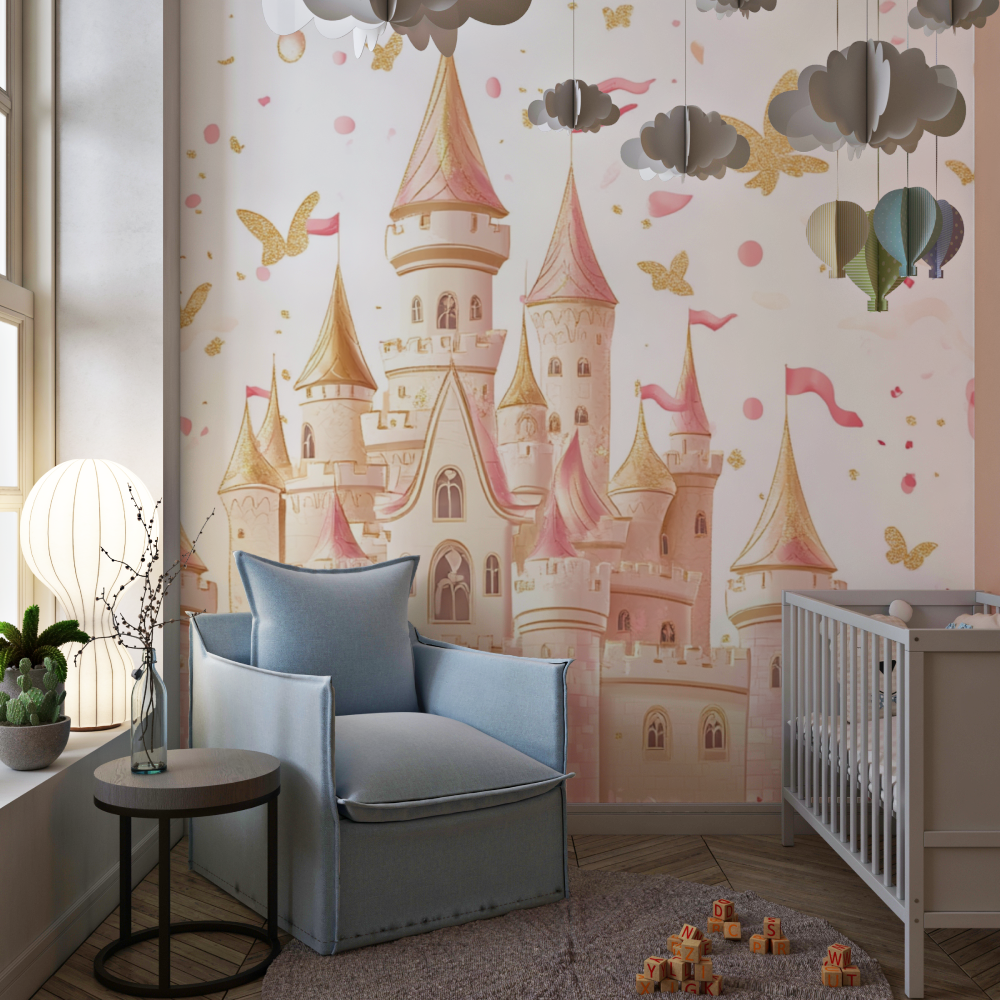 Princess Mural Wallpaper | Magical Castle with Gold Butterflies