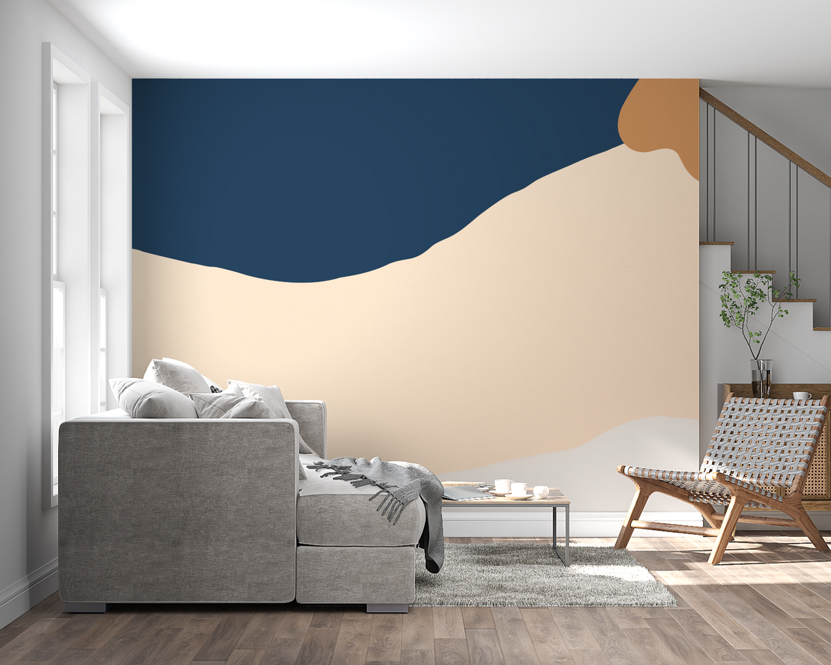 Abstract Mural Wallpaper | Blue and Terracotta Waves Design
