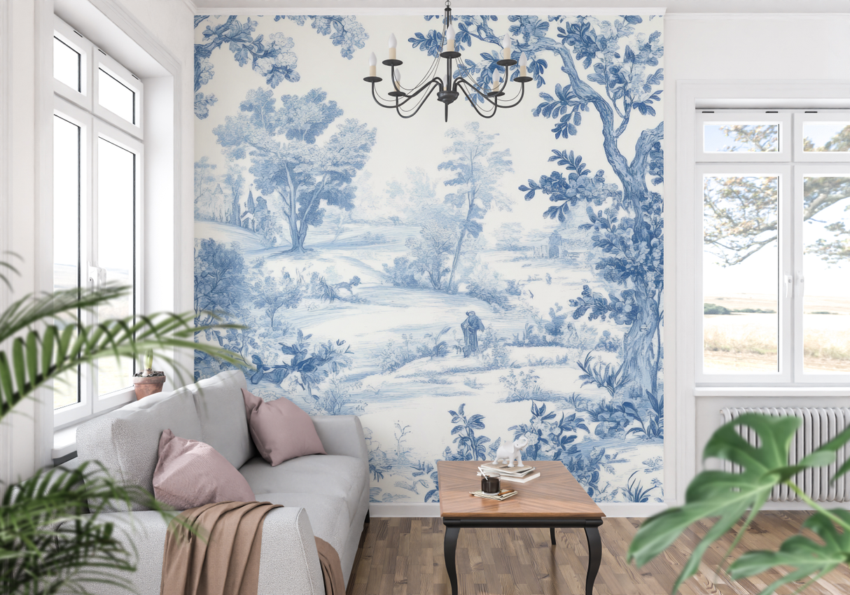 Toile de Jouy Mural Wallpaper | Classic Blue Forest Scene