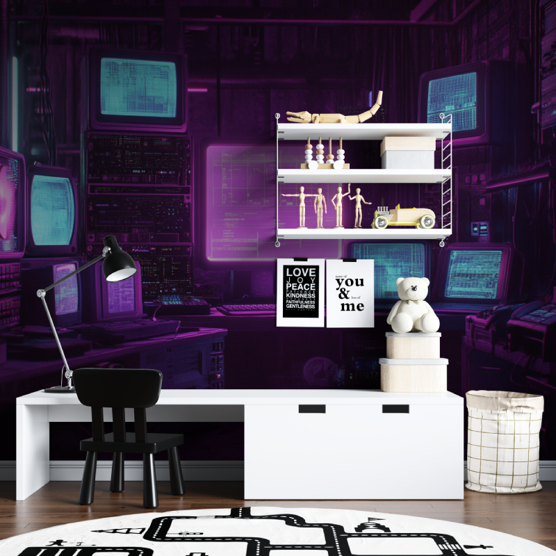 Gaming Mural Wallpaper | Retro Tech Purple Neon Design