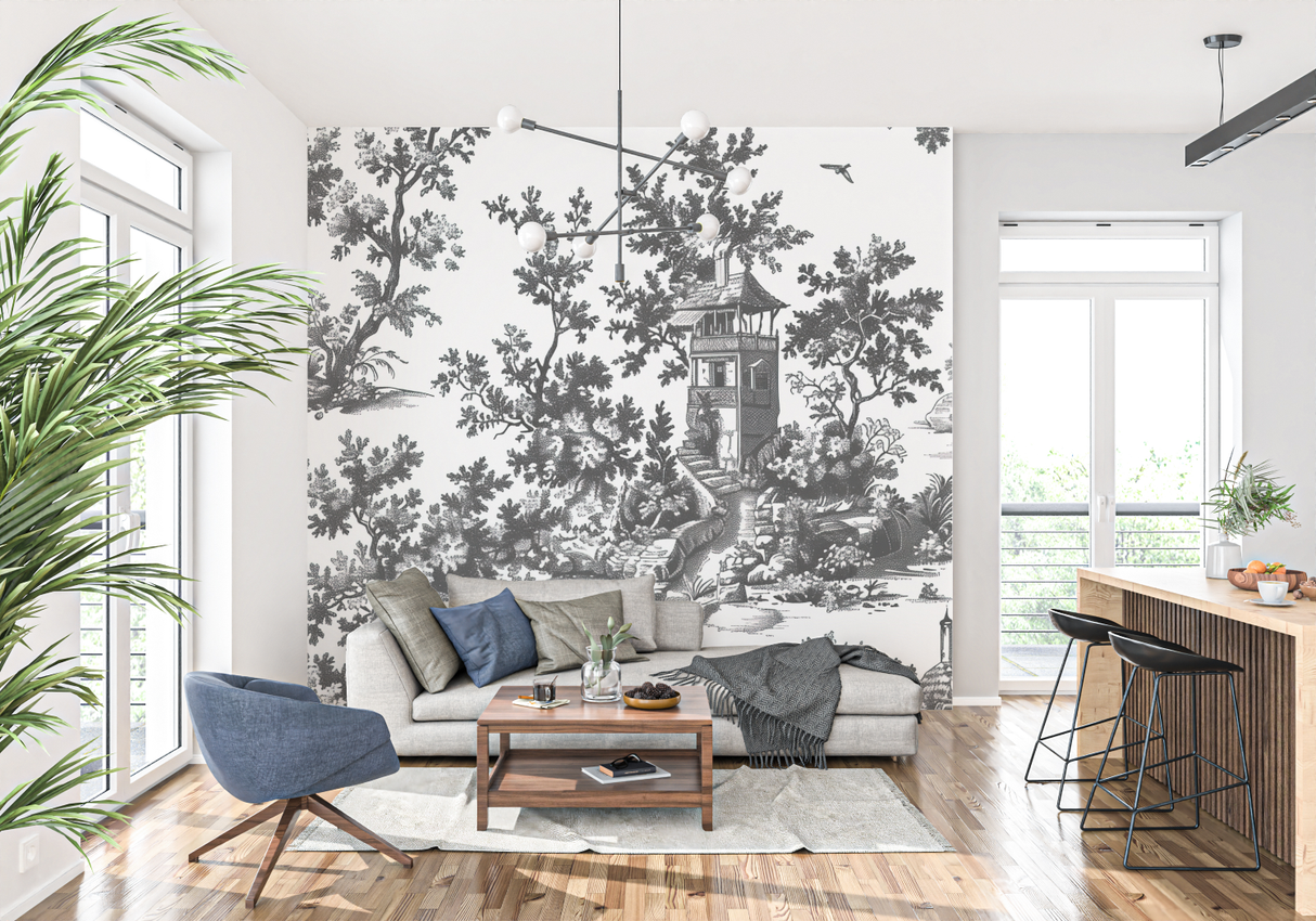 Vintage Mural Wallpaper | Black and White Toile de Jouy Scene