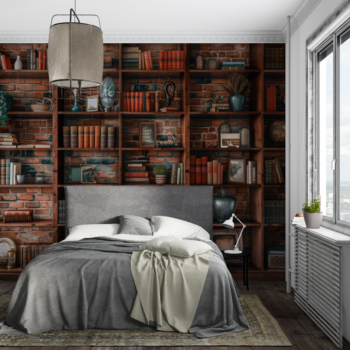 Library Mural Wallpaper | Vintage Bookshelf With Brick Wall