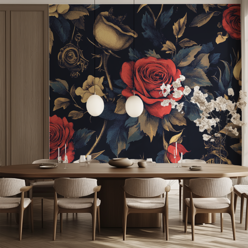 Floral Mural Wallpaper | Dark Vintage Roses with Gold Accents