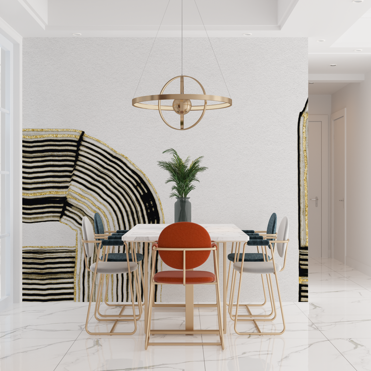 Abstract Mural Wallpaper | Black and Gold Curved Lines