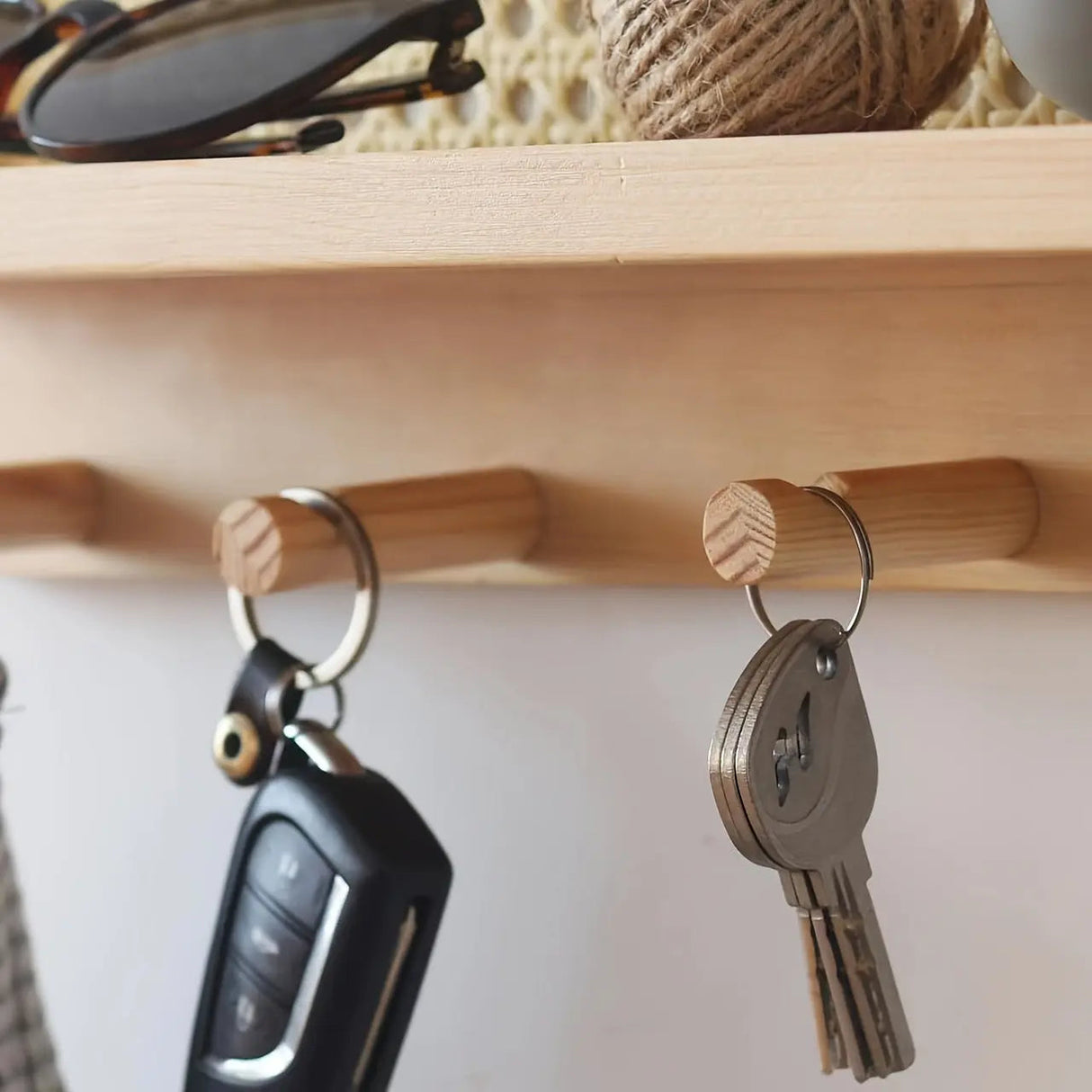 Wooden Wall Shelf  Natural Rattan Panel With Storage Hooks - Product example